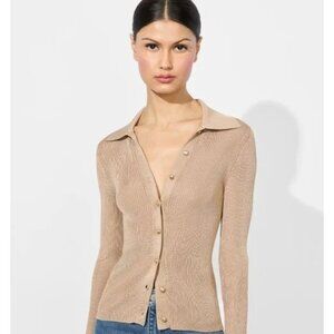 S Alice + Olivia Nealie Ribbed Polo Sweater Women's Beige Long Sleeve NWTs